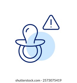 Choking hazard alert. Pacifier and exclamation mark in triangle. Infant product safety notice. Pixel perfect, editable stroke icon