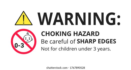 Choking hazard forbidden sign sticker not suitable for children under 3 years isolated on white background vector illustration. Warning triangle, sharp edges and small parts danger.