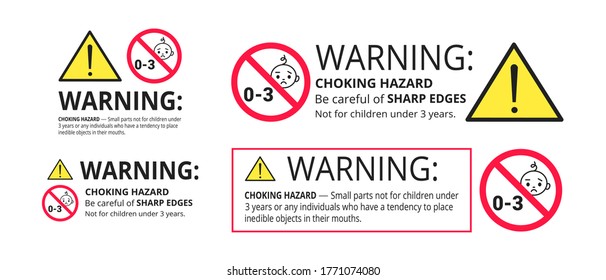 Choking hazard forbidden sign sticker not suitable for children under 3 years isolated on white background vector illustration set. Warning triangle, sharp edges and small parts danger.