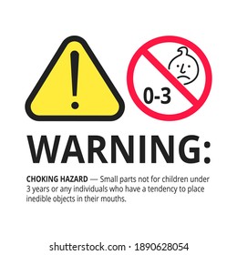 Choking hazard forbidden sign sticker not suitable for children under 3 years isolated on white background vector illustration. Warning triangle, sharp edges and small parts danger circle prohibition.