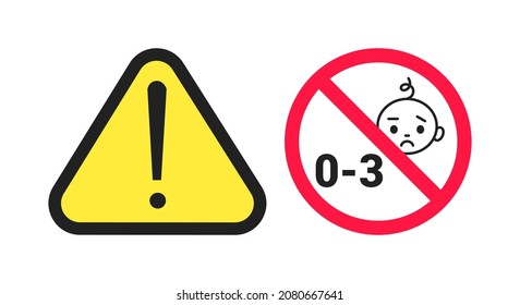 Choking hazard forbidden sign sticker not suitable for children under 3 years isolated on white background vector illustration. Warning triangle, sharp edges and small parts danger.