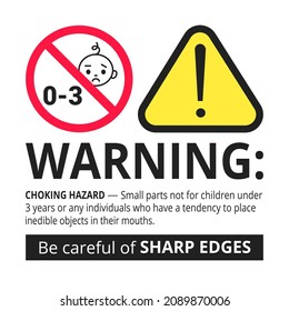 Choking hazard forbidden sign sticker not suitable for children under 3 years isolated on white background vector illustration. Warning triangle, sharp edges and small parts danger.