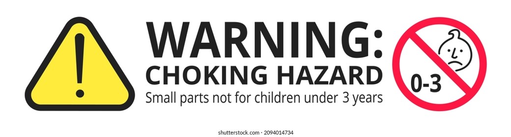 Choking hazard forbidden sign sticker not suitable for children under 3 years isolated on white background vector illustration. Warning triangle, sharp edges and small parts danger.