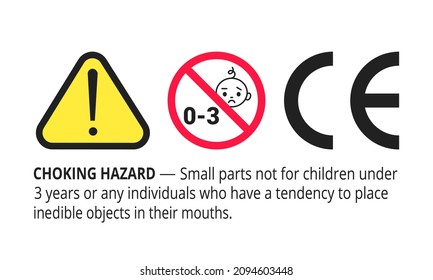 Choking hazard forbidden sign sticker not suitable for children under 3 years isolated on white background vector illustration. Warning triangle, sharp edges and small parts danger.