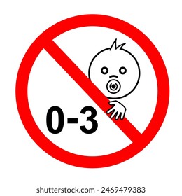 Choking hazard forbidden sign sticker 0-3 year sign, under 3 year sign vector illustration, children under 3 year. Not suitable for children under 3 years symbol, Silhouette of a child in red circle, 