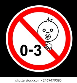 Choking hazard forbidden sign sticker 0-3 year sign, under 3 year sign vector illustration, children under 3 year. Not suitable for children under 3 years symbol, Silhouette of a child in red circle, 