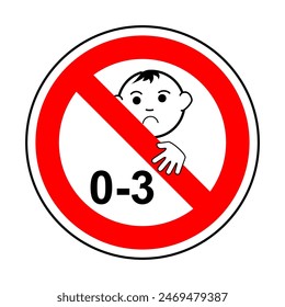 Choking hazard forbidden sign sticker 0-3 year sign, under 3 year sign vector illustration, children under 3 year. Not suitable for children under 3 years symbol, Silhouette of a child in red circle, 