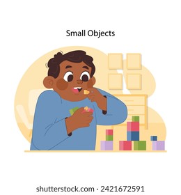 Choking hazard scenario. Young cheerful boy playing with small blocks and trying to eat them, unaware of choking risks associated with tiny objects. Preventing accidents. Flat vector illustration