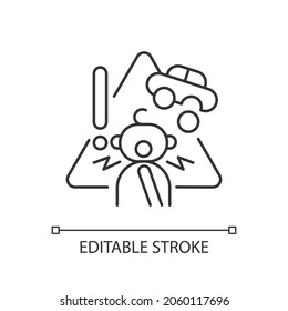 Choking hazard toys linear icon. Child safety at home. Age restrictions for kids. Thin line customizable illustration. Contour symbol. Vector isolated outline drawing. Editable stroke