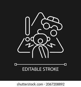 Choking hazard toys white linear icon for dark theme. Child safety. Age restrictions for kids. Thin line customizable illustration. Isolated vector contour symbol for night mode. Editable stroke
