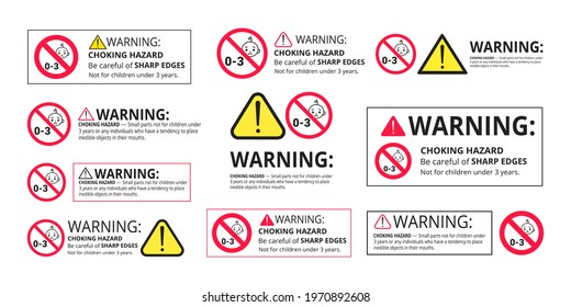 Choking warning hazard forbidden sign sticker not suitable for children under 3 years isolated on white background vector illustration set. Warning triangle and examination mark, sharp edges.