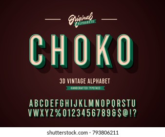 Alfabeto condensado "Choko" Vintage 3D Sans Serif con colores ricos. Tipografía retro. Ilustración vectorial.