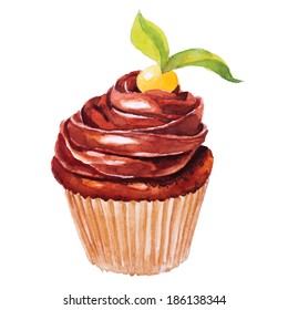 Chokolate cupcake with chocolate cream and physalis on top. Hand drawn watercolor painting on white background, vector illustration.