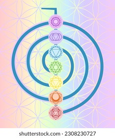 Choku Rei Symbol with seven chakras on colorful background vector illustration