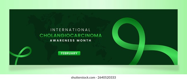 Cholangiocarcinoma Awareness campaign banner with green ribbon symbols on gradient pastel light green background.