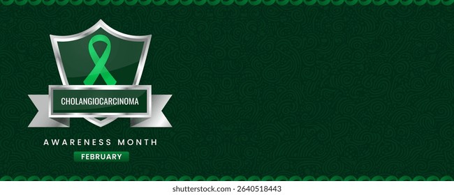 Cholangiocarcinoma Awareness Month banner, with Green ribbon, shield and space for text.