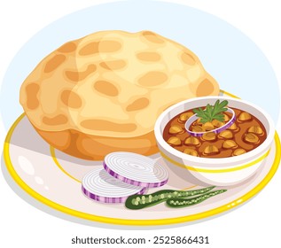 Chole Bhature Plate - Chickpea Curry with Fried Flatbread. Authentic Indian Breakfast Cuisine.