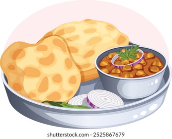 Chole Bhature in Silver Thali Side View. Fried Flatbread with Chickpea Curry. Indian Breakfast Cuisine Vector Art 