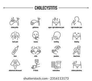 Cholecystitis Symptome, Diagnose und Behandlung Vektorsymbol eingestellt. Zeilenbearbeitbare medizinische Symbole.