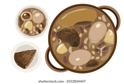 Cholent. A traditional Jewish dish eaten on Shabbat. A casserole of potatoes, meat, eggs and legumes. Kishke. A plate with Jerusalem kugel and a personal serving in a soup pot. Isolated vector.