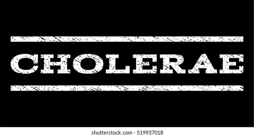 Cholerae watermark stamp. Text tag between horizontal parallel lines with grunge design style. Rubber seal stamp with unclean texture. Vector white color ink imprint on a black background.