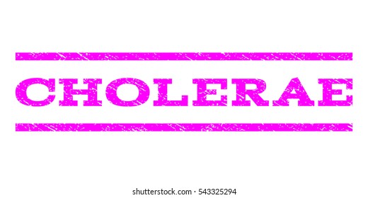 Cholerae watermark stamp. Text tag between horizontal parallel lines with grunge design style. Rubber seal stamp with scratched texture. Vector magenta color ink imprint on a white background.