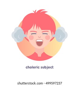 Choleric subject image. Type of temperament. Flat icon of yelling boy with smoke from his ears.  Modern vector illustration of man with red hair. Image is out of circle range. Avatar for web.