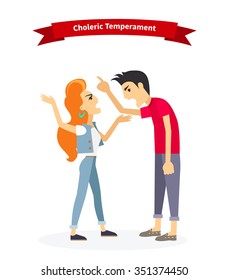 Choleric temperament type people. Human system, medical emotion, individuality mental energy, emotional conflict and shouting, scientific physiology illustration