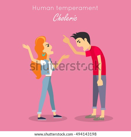 Choleric type of human temperament vector concept. Flat Design. Red-head woman and brunet man emotionality arguing. People personality reactions and problems. For psychological tests illustrating  