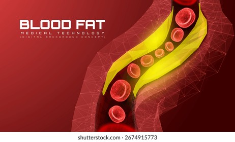 Colesterol en la sección transversal de la arteria, concepto de diseño de Ilustración vectorial médica 3D. Fondo rojo.