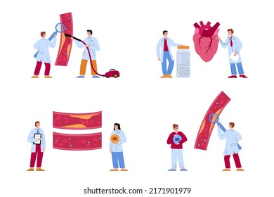 Cholesterol Check Medical Concept Set, Flat Vector Illustration Isolated On White Background. Medical Examination Of Health Of The Heart And Blood Vessels.