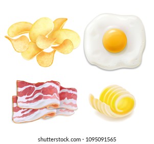 Cholesterol food icons. Fried eggs and bacon, chips, butter. Realistic illustration