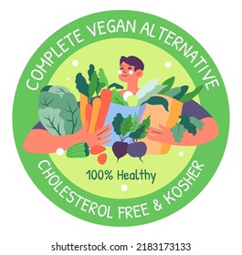 Cholesterol free and kosher, complete vegan alternative food. Isolated emblem or label for products. Healthy dieting and nutrition, vegetables and balanced meal for detox. Vector in flat style