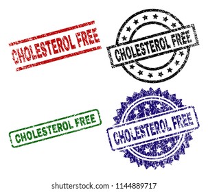 CHOLESTEROL FREE seal imprints with distress style. Black, green,red,blue vector rubber prints of CHOLESTEROL FREE label with dust style. Rubber seals with round, rectangle, medal shapes.