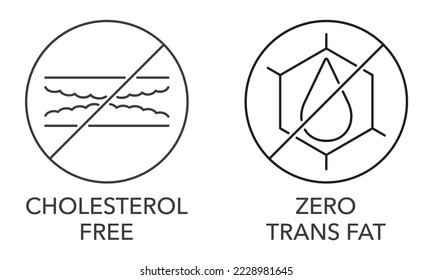 Colesterol Libre y Cero Grasa Trans - insignia con coágulo sanguíneo tachado y gota de grasa