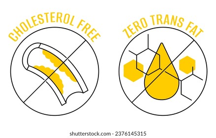 Cholesterol Free and Zero Trans Fat - badges in thin linr with strikethrough blood clot and drop of fat