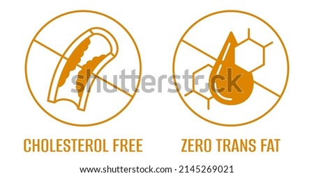 Cholesterol Free and Zero Trans Fat - badges with strikethrough blood clot and drop of fat