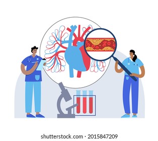 Cholesterol In Human Blood Vessels And Heart Logo. Fat Cells In Vein Arteries. High Ldl And Hdl Level. Blocked Vascular And Plaque In Artery. Doctor Appointment Or Exam In Clinic Vector Illustration