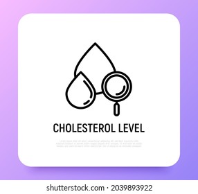 Cholesterol level thin line icon, blood drop with magnifying glass. Modern vector illustration of blood test.