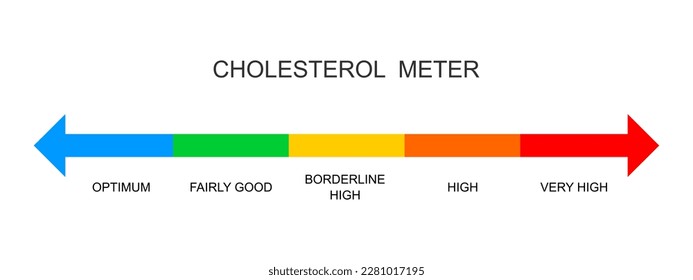 Cholesterol meter horizontal scale. Lipoprotein levels from optimum to very high. Atherosclerosis, hyperlipidemia, hypercholesterolemia risk colorful chart. Vector flat illustration