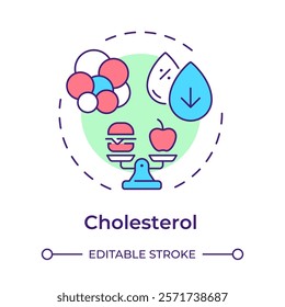 Cholesterol multi color concept icon. Meal control, food weight. Molecules, biochemistry. Round shape line illustration. Abstract idea. Graphic design. Easy to use in infographic, presentation