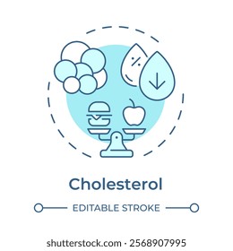Cholesterol soft blue concept icon. Meal control, food weight. Molecules, biochemistry. Round shape line illustration. Abstract idea. Graphic design. Easy to use in infographic, presentation
