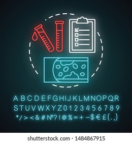Cholesterol test neon light concept icon. Checking fat blocked arteries idea. Monitoring cholesterol level. Glowing sign with alphabet, numbers and symbols. Vector isolated illustration