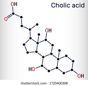 Cholic acid, C24H40O5 molecule. It is major primary bile acid produced in the liver. Nutritional supplement E 1000.  Structural chemical formula. Vector illustration