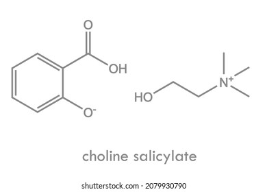 Choline salicylate structure, an anti-inflammatory and analgesic drug molecule. Used in treatment of rheumatic fever and rheumatoid arthritis. Skeletal formula.
