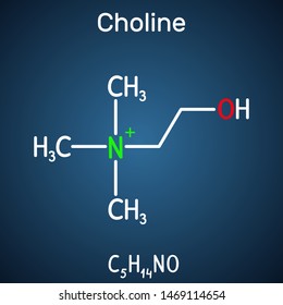 Choline vitamin-like essential nutrien molecule. It is a constituent of lecithin. Structural chemical formula on the dark blue background. Vector illustration