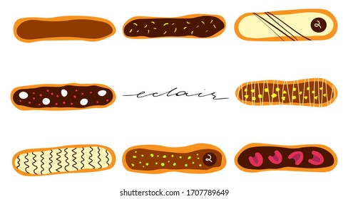 Los eclairs de cololato con tipografía escrita a mano. Postre francés con jugosas vidrieras y decoración moderna. Deliciosa pastelería, dulces cocidos. Concepto de cocina de primera vista de arte de pastelería, panadería francesa.