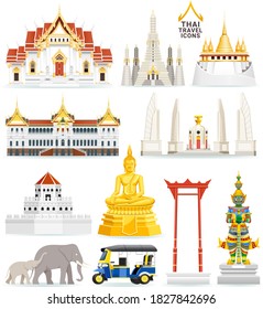 Chonburi, Thailand - October 5 2020: Thai Famous Landmark Icons. Vector Illustrations.