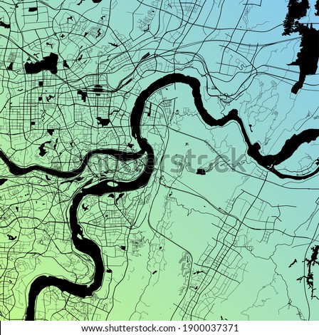 Chongqing, China (CHN) - Urban vector megacity map with parks, rail and roads, highways, minimalist town plan design poster, city center, downtown, transit network, gradient blueprint