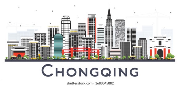 Chongqing China City Skyline with Gray Buildings Isolated on White. Business Travel and Tourism Concept with Modern Buildings. Chongqing Cityscape with Landmarks.